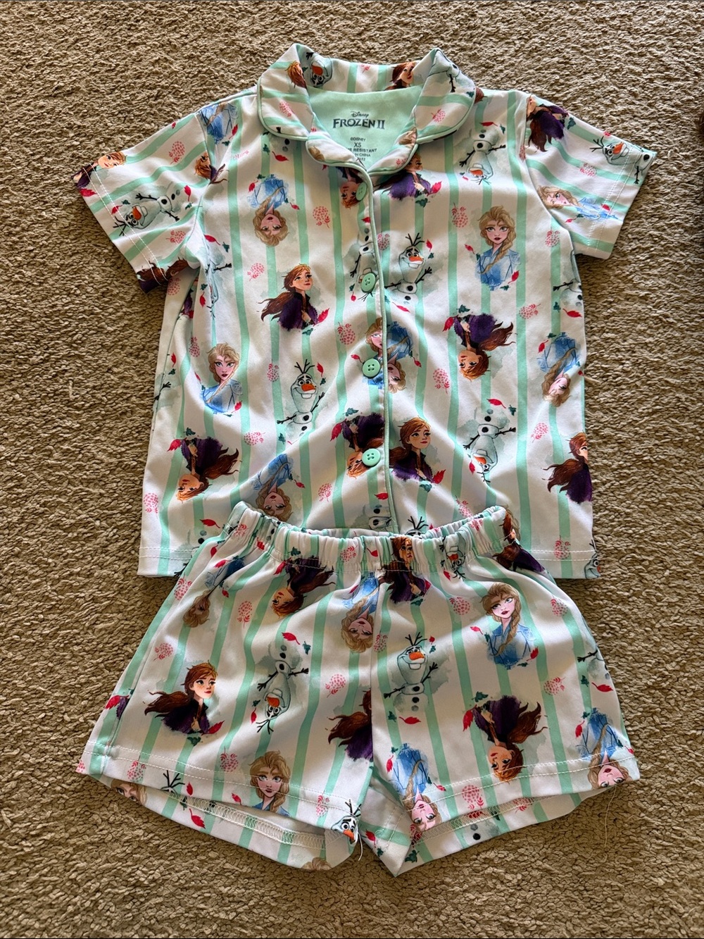 Disney Girls Mint & White Striped Frozen II Short Pajama Set